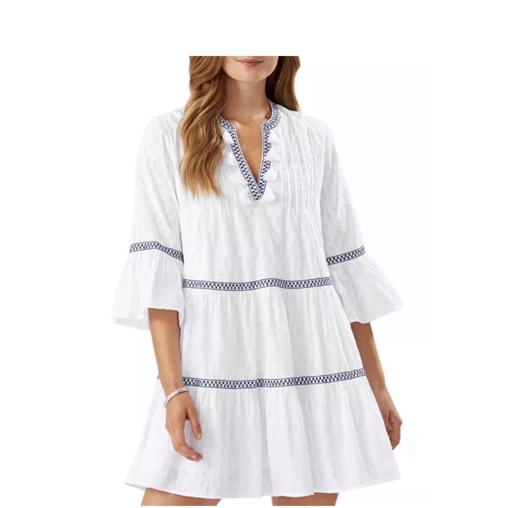 New Tommy Bahama Cotton Embroidered Tier Dress White Jacquard Tassels Lined S